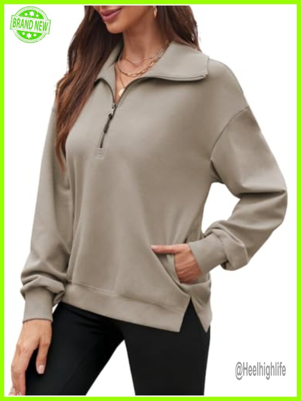 Womens Quarter Zip Pullover Sweatshirt Side Slit Pockets Long Sleeve